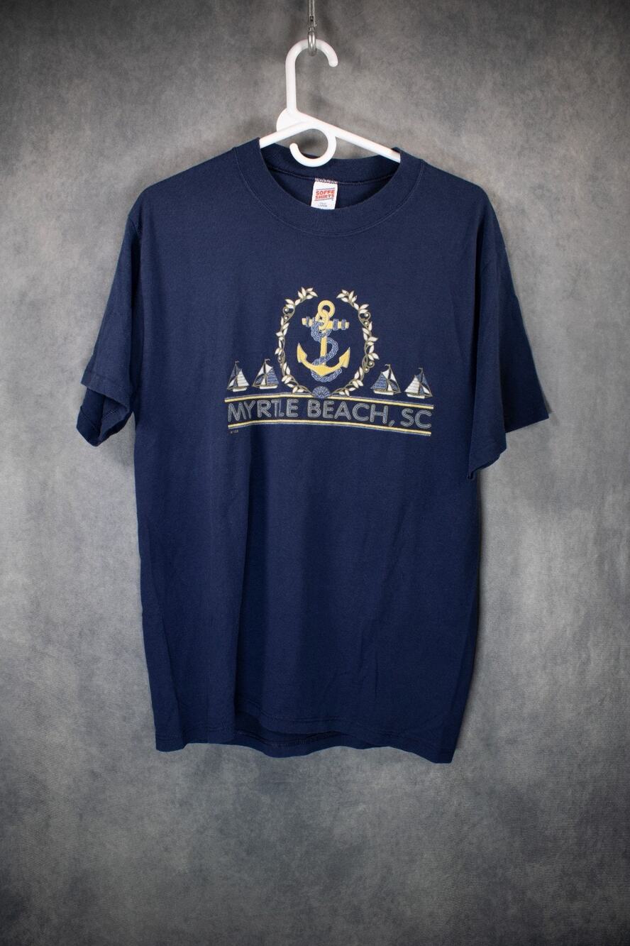 Vintage 80s Myrtle Beach SC Souvenir T-Shirt Anchor Sailboat Navy Large USA Made